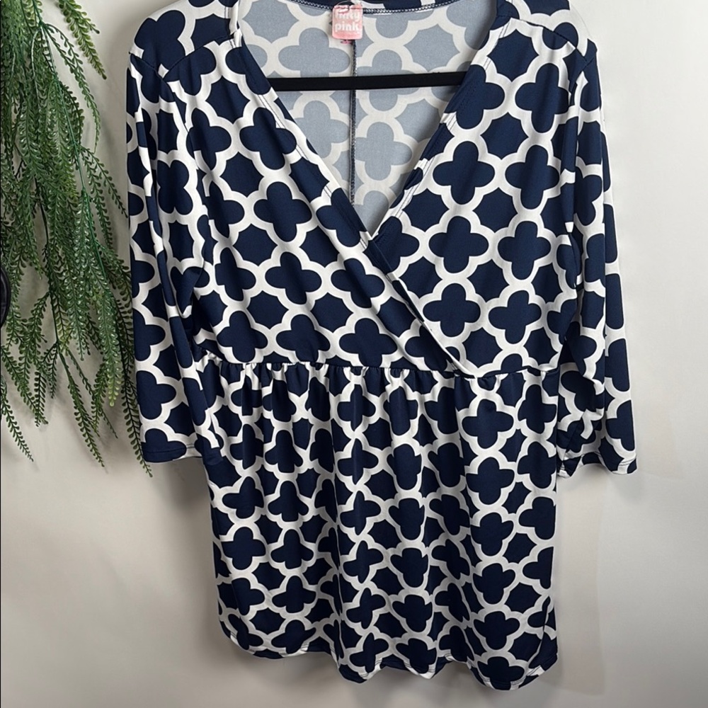 Blue and White Peplum Wrap Blouse with 3/4 Sleeves